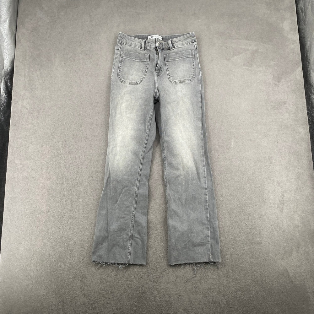 Zara Grey High Rise Wide Leg Patch Pocket Jeans Frayed Hem Size 4 MEX 26
